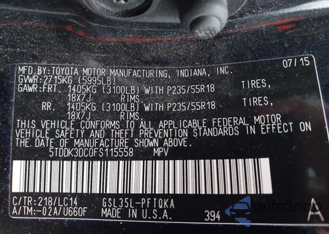 2015 Toyota Sienna Xle 7 Passenger z USA, uszkodzony, nr VIN 5TDDK3DC0FS115558